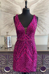 Fuchsia Plunging V Neck Sequins-Embroidery Sheath Homecoming Dresses