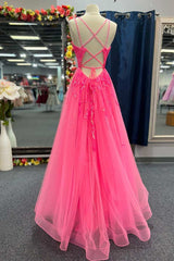 Hot Pink Tulle Appliques Lace-Up A-Line Long Prom Dresses