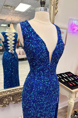 Royal Blue Deep V Neck Sequins Lace-Up Long Prom Dresses with Slit