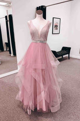 Pink A-line V Neck Tulle Layers Long Prom Dresses with Bleaded Sash