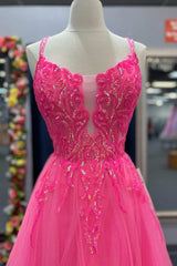 Hot Pink Tulle Appliques Lace-Up A-Line Long Prom Dresses