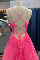 Hot Pink Tulle Appliques Lace-Up A-Line Long Prom Dresses