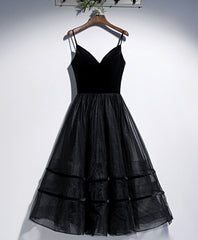 Black V Neck Tulle Short Prom Dresses, Black Tulle Homecoming Dresses