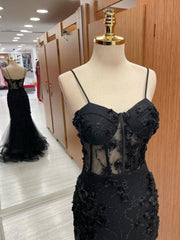 Black Mermaid Lace Long Prom Dresses, Black Lace Evening Dresses