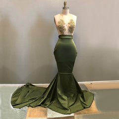 Long Green Halter Deep V Neck Elastic Satin With Appliques Backless Prom Dresses