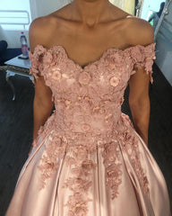 Charming Satin Off Shoulder Flowers Dusty Rose Ball Dresses