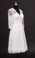 2024 A Line Cheap V Neck Long Sleeves Chiffon Knee Length Short Lace Wedding Dresses