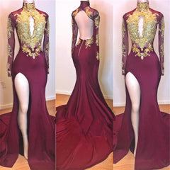2024 Дивовижні бордові та золоті аплікації довгі рукави з високою шиєю на шиї Афро -американські випускні сукні