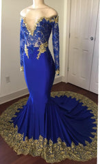 2025 Sexy Mermaid Royal Blue And Gold Appliques Long Sleeves V Neck Off Shoulder Prom Dresses