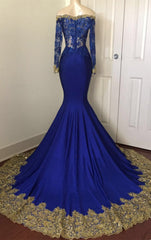 2025 Sexy Mermaid Royal Blue And Gold Appliques Long Sleeves V Neck Off Shoulder Prom Dresses