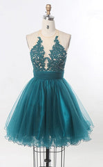 A Line Scoop Sleeveless Sheer Appliques Tulle Pleated Ruched Backless Homecoming Dresses