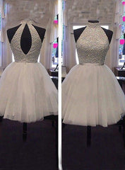 Tulle Sleeveless Halter Backless Cut Out Pleated A Line White Beading Homecoming Dresses