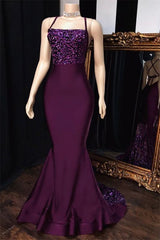 2025 Grape Mermaid Halter Satin Lace Prom Dresses