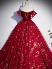 Burgundy Tulle Sequin Long Prom Dresses, Burgundy Tulle Formal Dresses