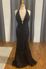 Black Sequin Halter Mermaid Long Prom Dresses