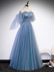 Blue Sweetheart Tulle Sequin Long Prom Dresses, Blue Formal Dresses, 1