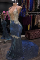 Sheath 2024 Blue Open Front Backless Long Halter Prom Dresses