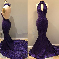 2024 Purple Sequence Mermaid Backless Long Prom Dresses