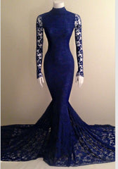 2025 Mermaid Long Sleeves Royal Blue Lace High Neck Long Prom Dresses