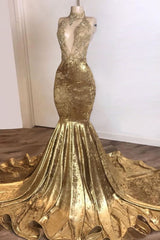 2025 Mermaid Gold Velvet High Neck V Neck Prom Dresses