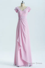 Short Sleeves Pink Appliques Knot Long Bridesmaid Dress