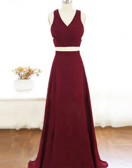 Two Piece Prom Dresses A-Line Floor-length Burgundy Chiffon Prom Dresses