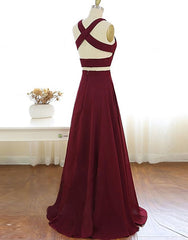 Two Piece Prom Dresses A-Line Floor-length Burgundy Chiffon Prom Dresses