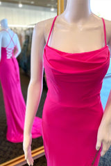 Hot Pink Beaded Cowl Neck Lace-Up Mermaid Long Dresses