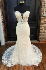 White Appliques Strapless Mermaid Long Wedding Dresses