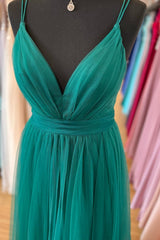 Hunter Green A-line Plunging V Neck Double Straps Pleated Long Prom Dresses