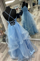 Blue Floral Appliques Lace-Up Tiered A-Line Prom Dresses