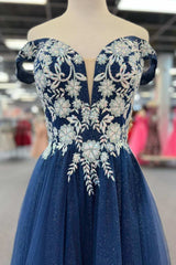 Navy Blue Floral Applique Lace-Up A-Line Long Prom Dresses