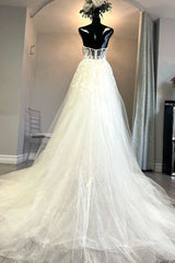 White Tulle Floral Lace Strapless A-Line Wedding Dresses