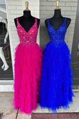 Fuchsia Layers Floral Tulle A-line Long Prom Dress