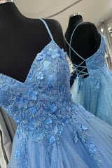 Blue Floral Appliques Lace-Up Tiered A-Line Prom Dresses