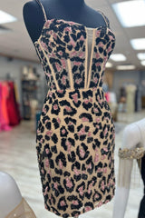 Leopard Print Sheath Straps Homecoming Dresses