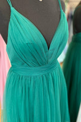 Hunter Green A-line Plunging V Neck Double Straps Pleated Long Prom Dresses