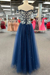 Navy Blue Floral Applique Lace-Up A-Line Long Prom Dresses