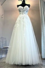 White Tulle Floral Lace Strapless A-Line Wedding Dresses