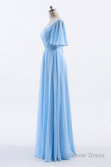 Flutter Sleeves Blue Chiffon A-line Long Bridesmaid Dress