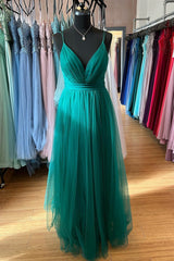 Hunter Green A-line Plunging V Neck Double Straps Pleated Long Prom Dresses