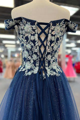 Navy Blue Floral Applique Lace-Up A-Line Long Prom Dresses