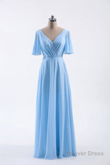 Flutter Sleeves Blue Chiffon A-line Long Bridesmaid Dress