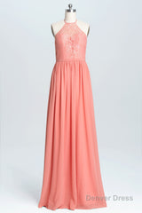 Halter Coral A-line Lace and Chiffon Long Bridesmaid Dress