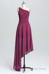 One Shoulder Plum Asymmetric Chiffon Long Party Dress