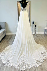 White Floral Lace Open Back Mermaid Long Wedding Dresses