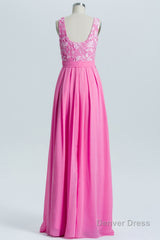 Pink A-line Lace and Chiffon Long Bridesmaid Dress