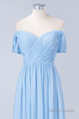 Blue Off the Shoulder Pleated Chiffon Long Bridesmaid Dress