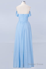 Blue Off the Shoulder Pleated Chiffon Long Bridesmaid Dress