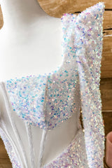 Iridescent White Sequins Long Sleeves Square Neck Homecoming Dresses